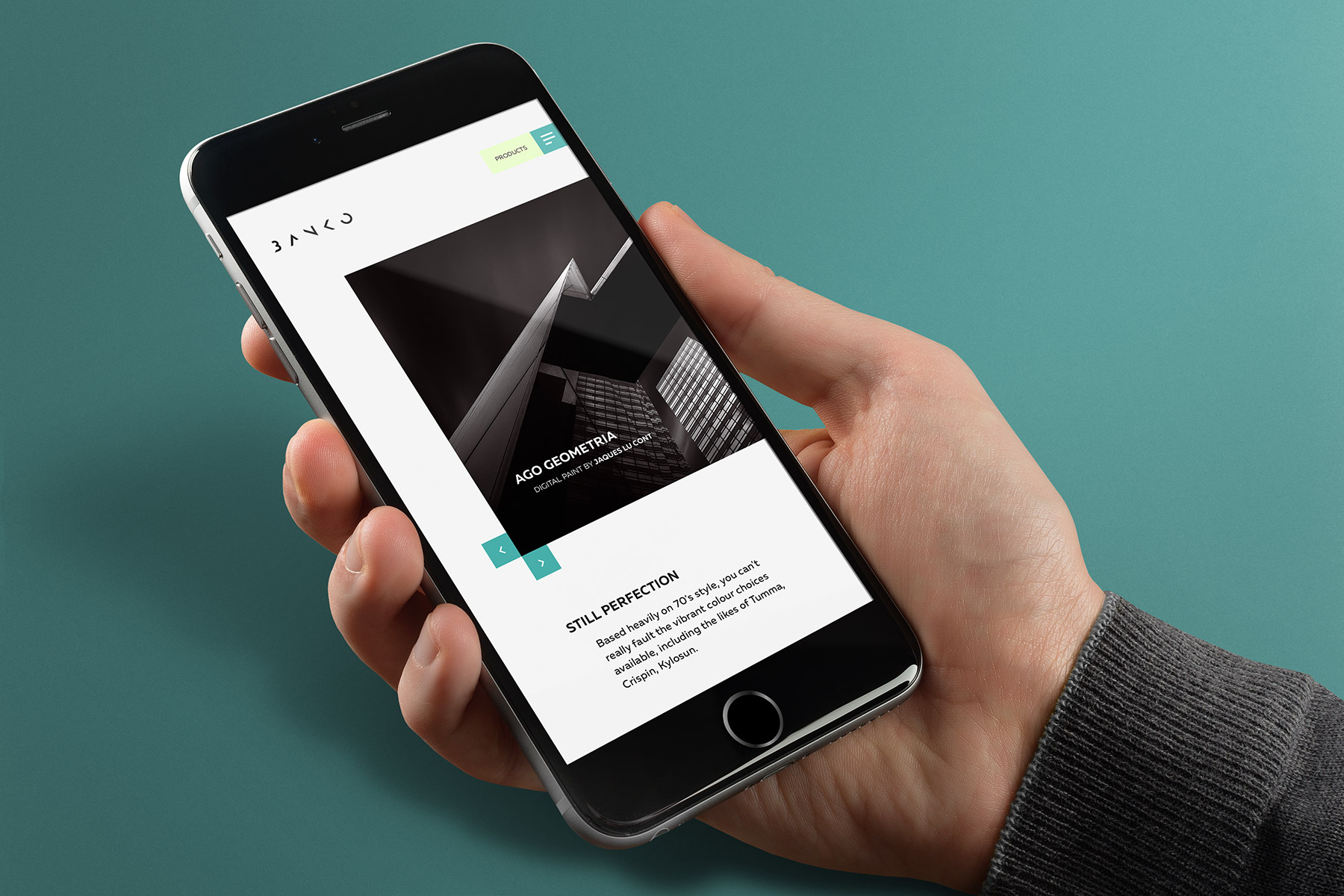 Smartphone showing Bank homepage over turquoise background