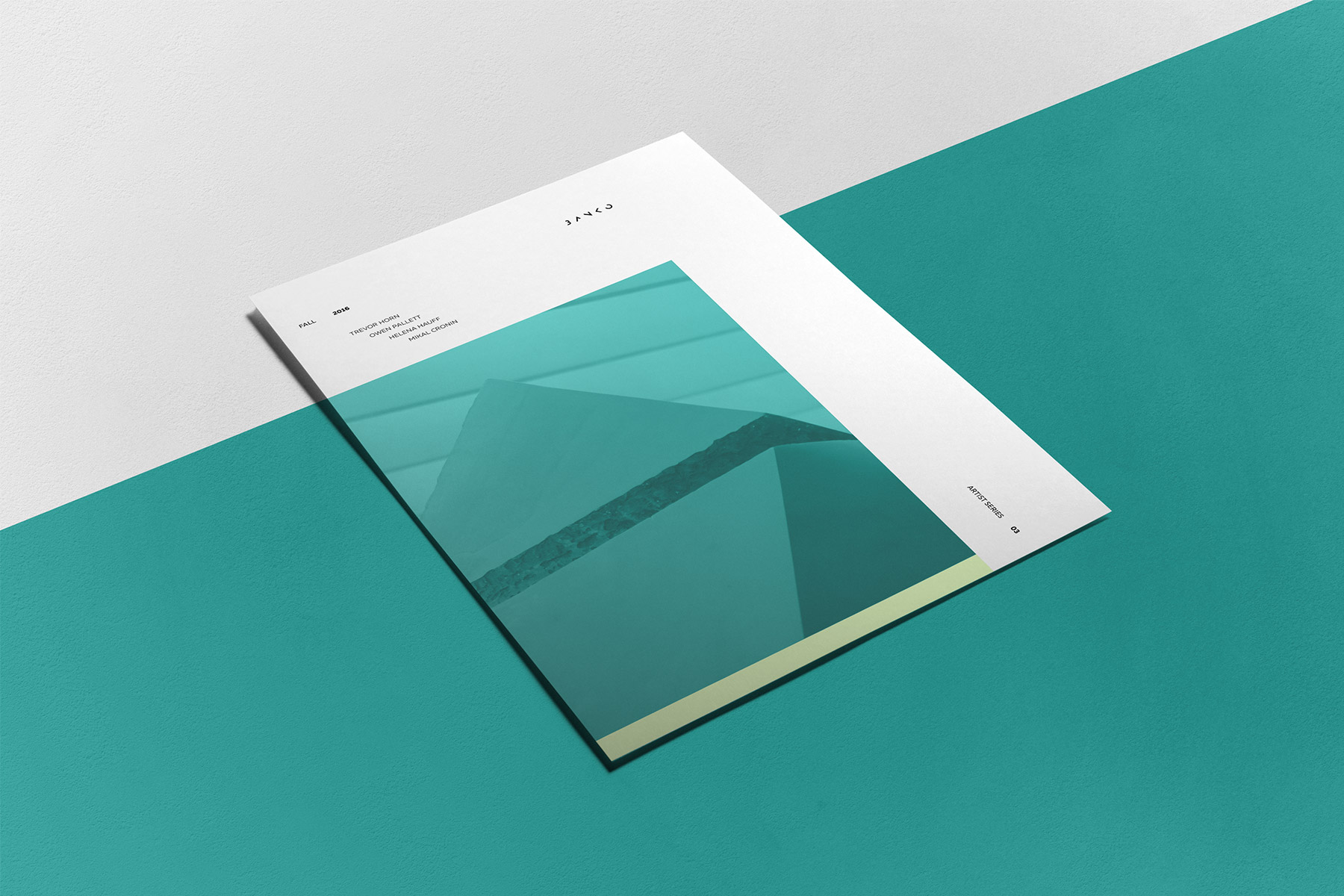 Front page of Banko magazine over white and turquoise background