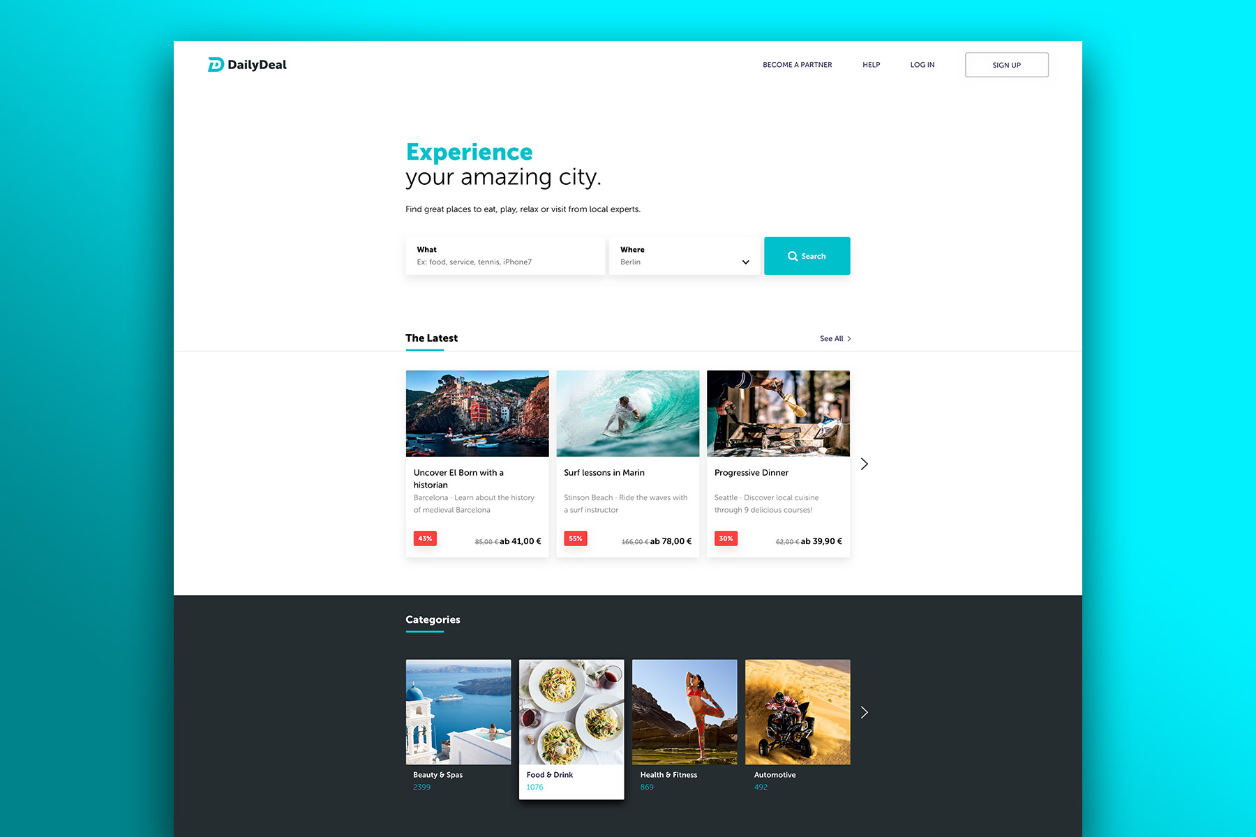 Screen of DailyDeal homepage over blue background