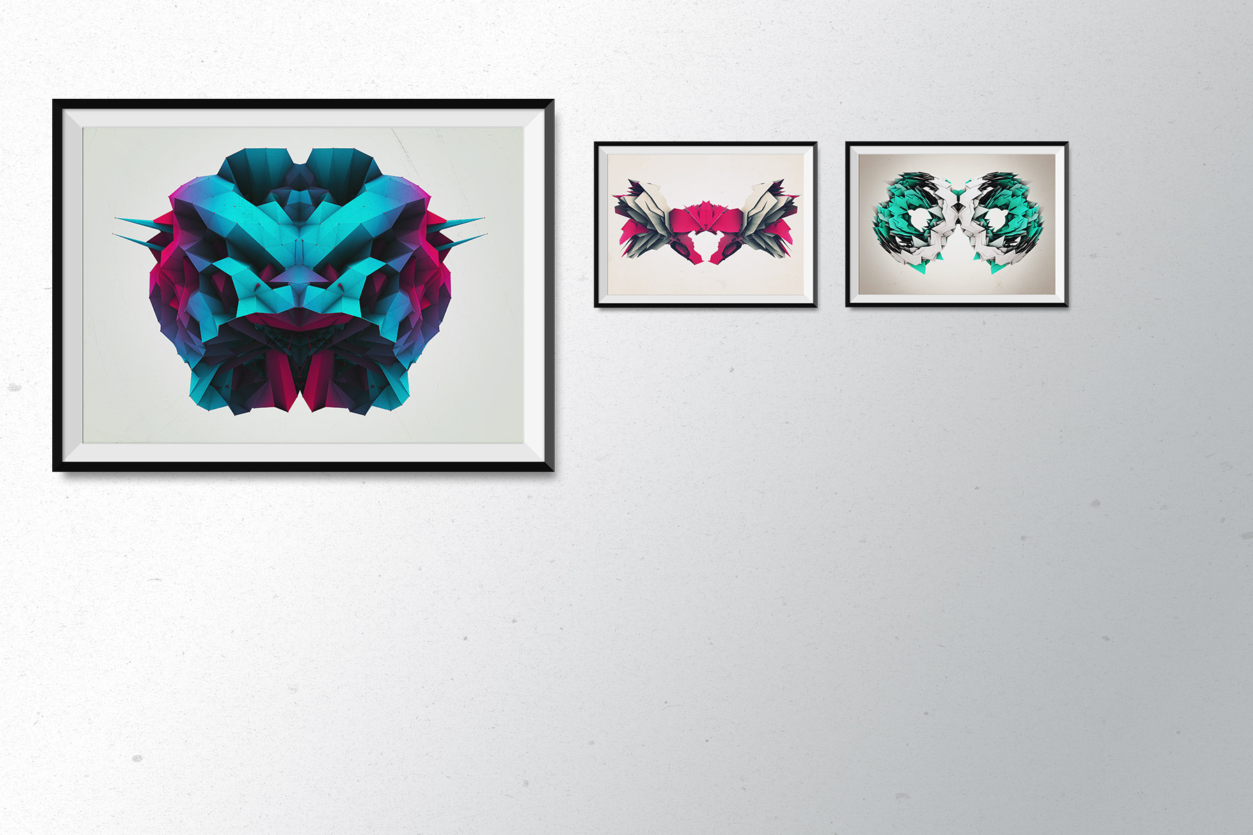 Three frames on a wall holding different Diagnostika 3D artwork posters