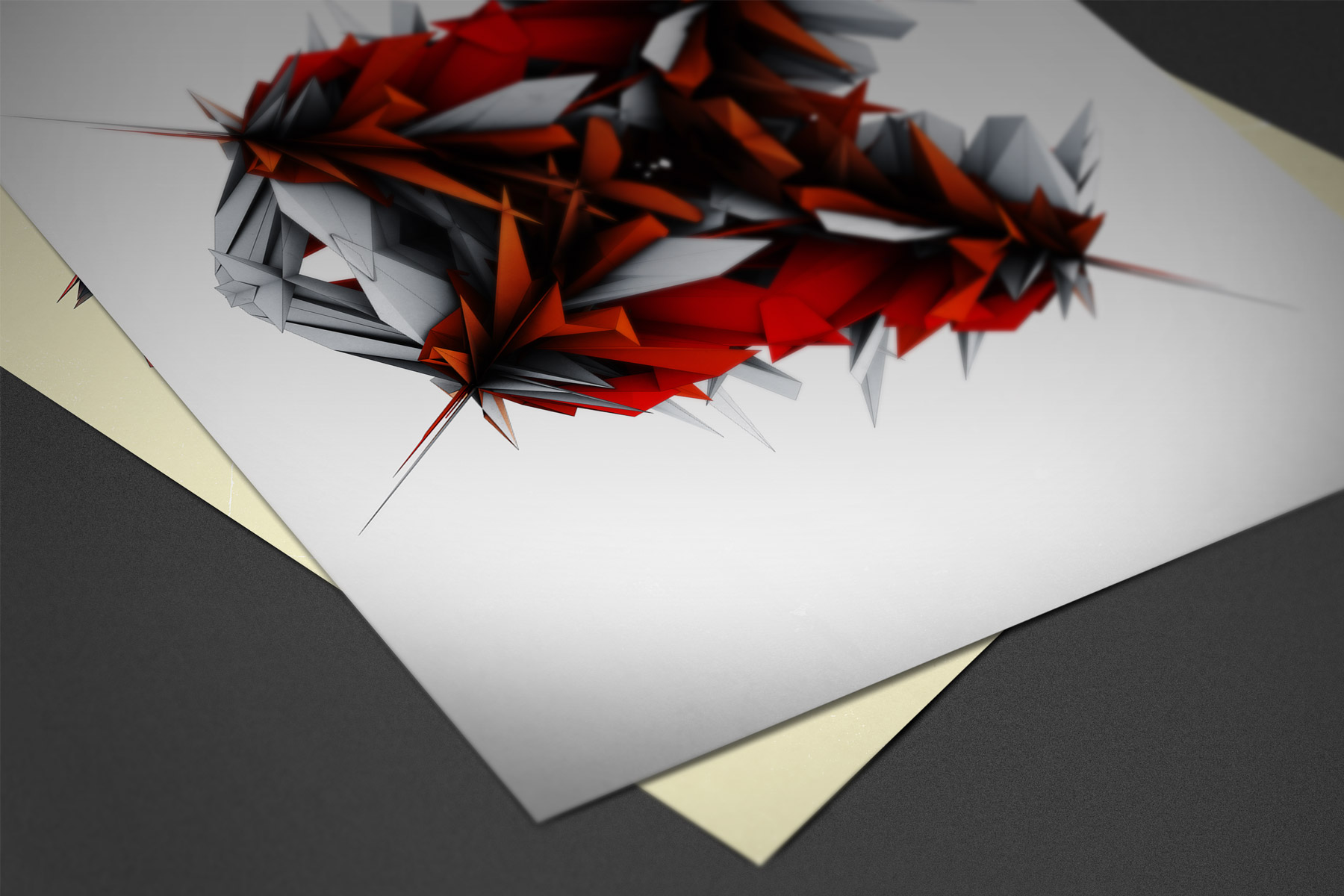 Two Diagnostika 3D artwork posters on a dark surface over each other