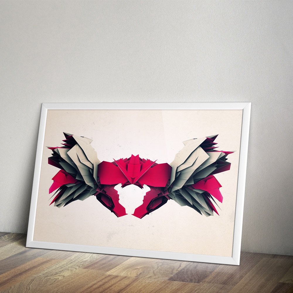 Frame leaning on a wall holding a Diagnostika 3D artwork poster