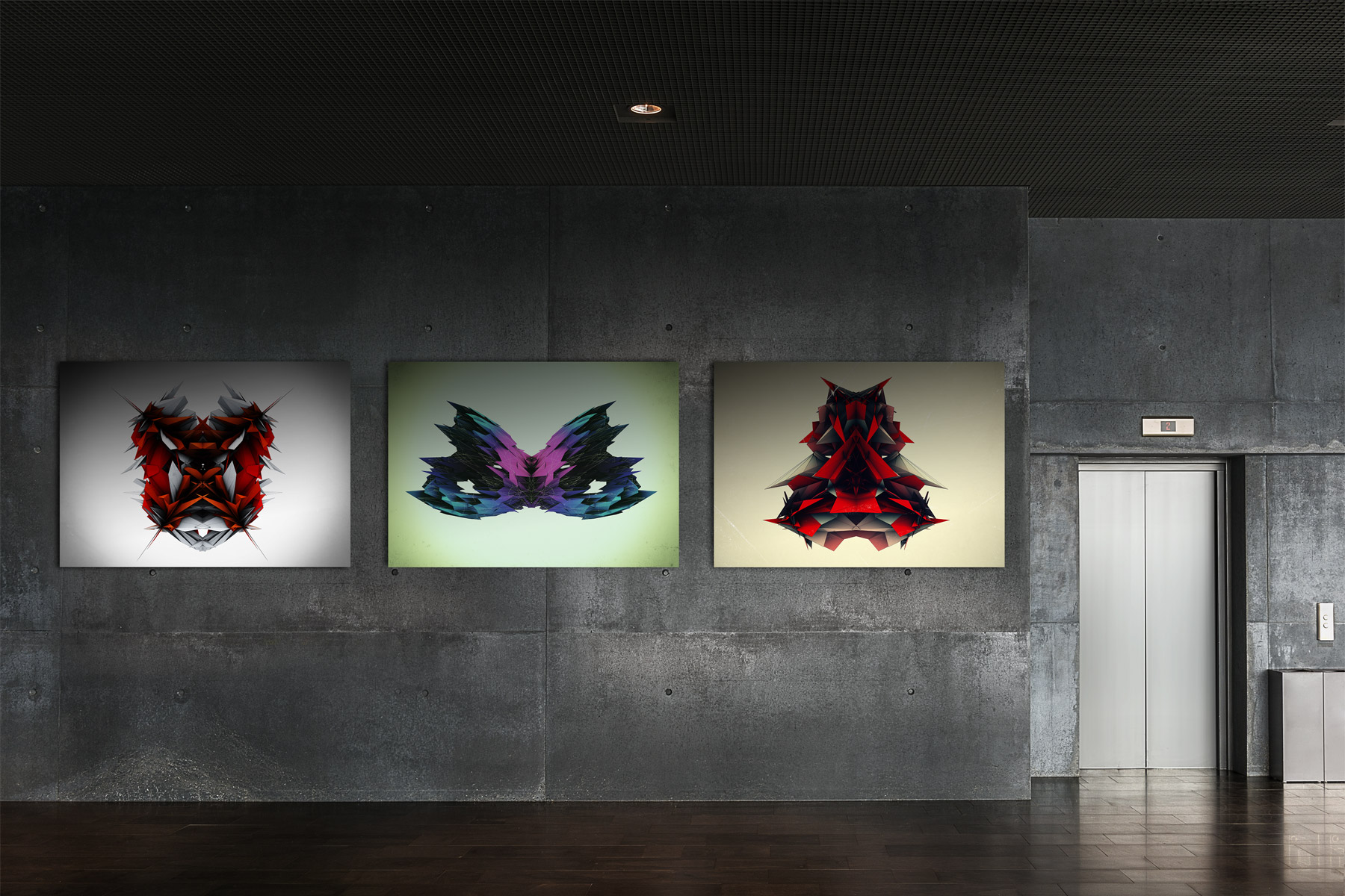 Elavator lobby with three different Diagnostika 3D artwork posters on a gray wall