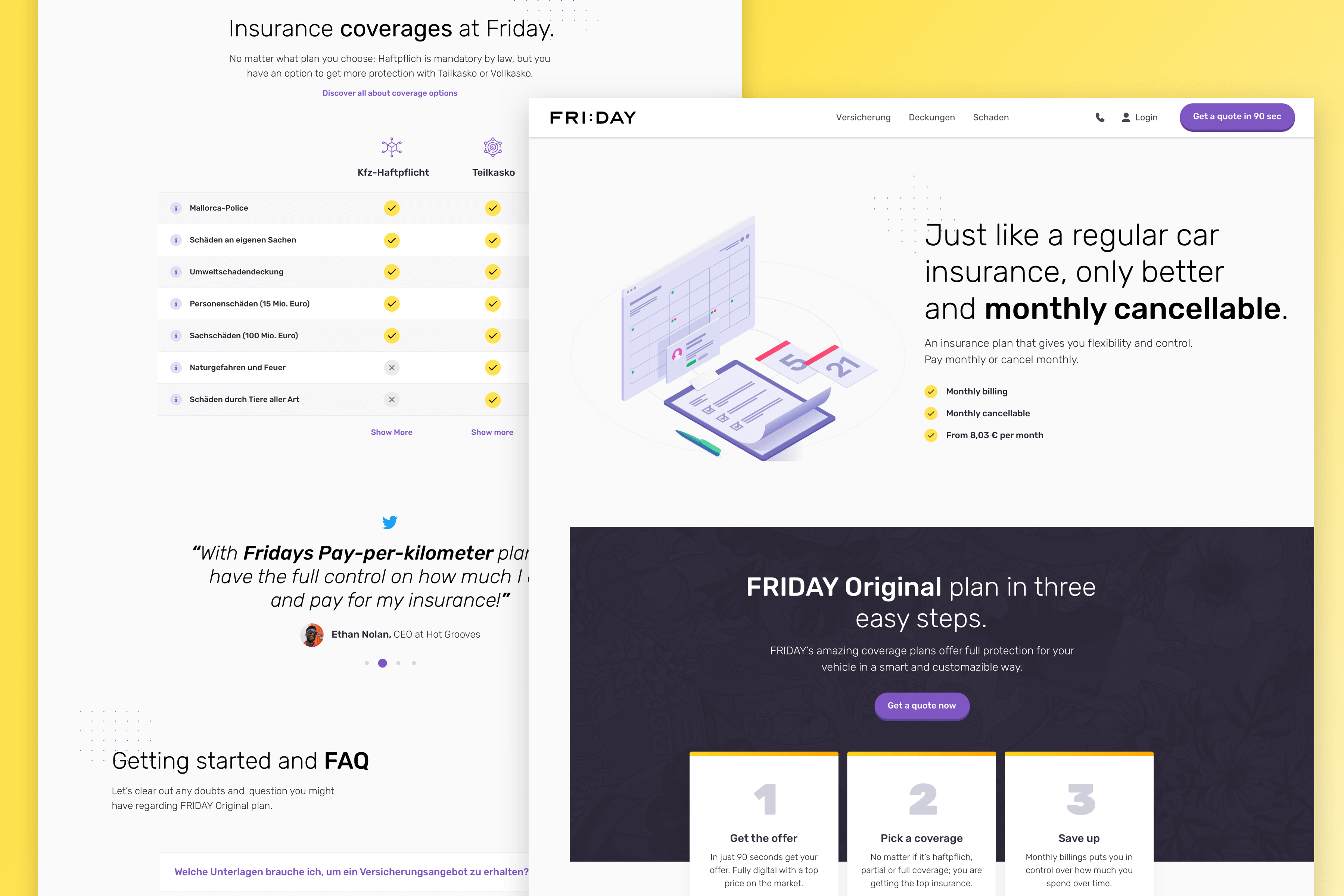 Two webpages showing different parts of Friday insurance plan over yellow background