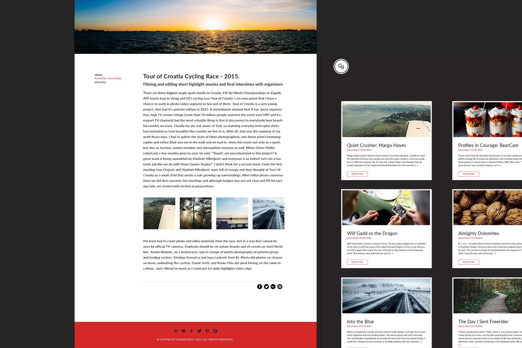 Two different Goran razic pages showing blog and article over a red background