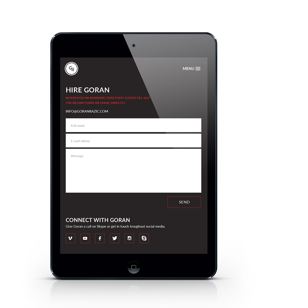 Tablet showing a Goran Razic contact page