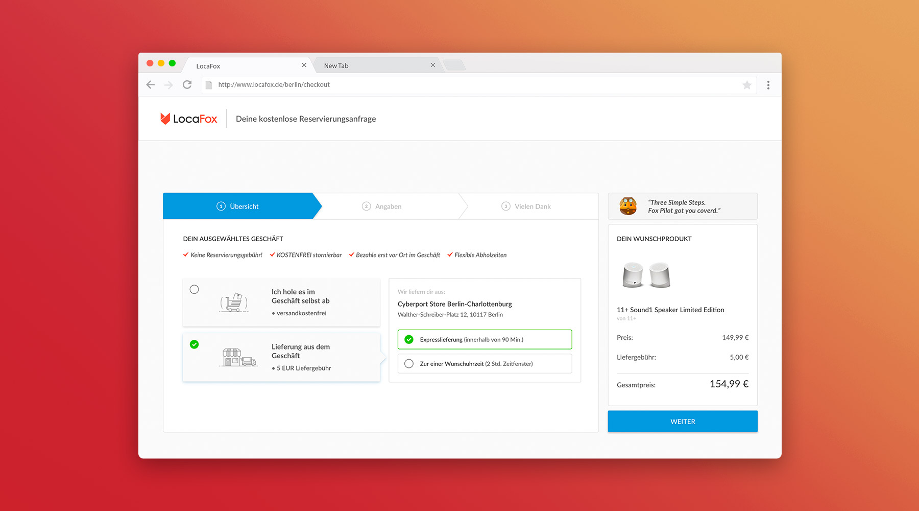 Website screen showing a Locafox checkout page over a colorful background