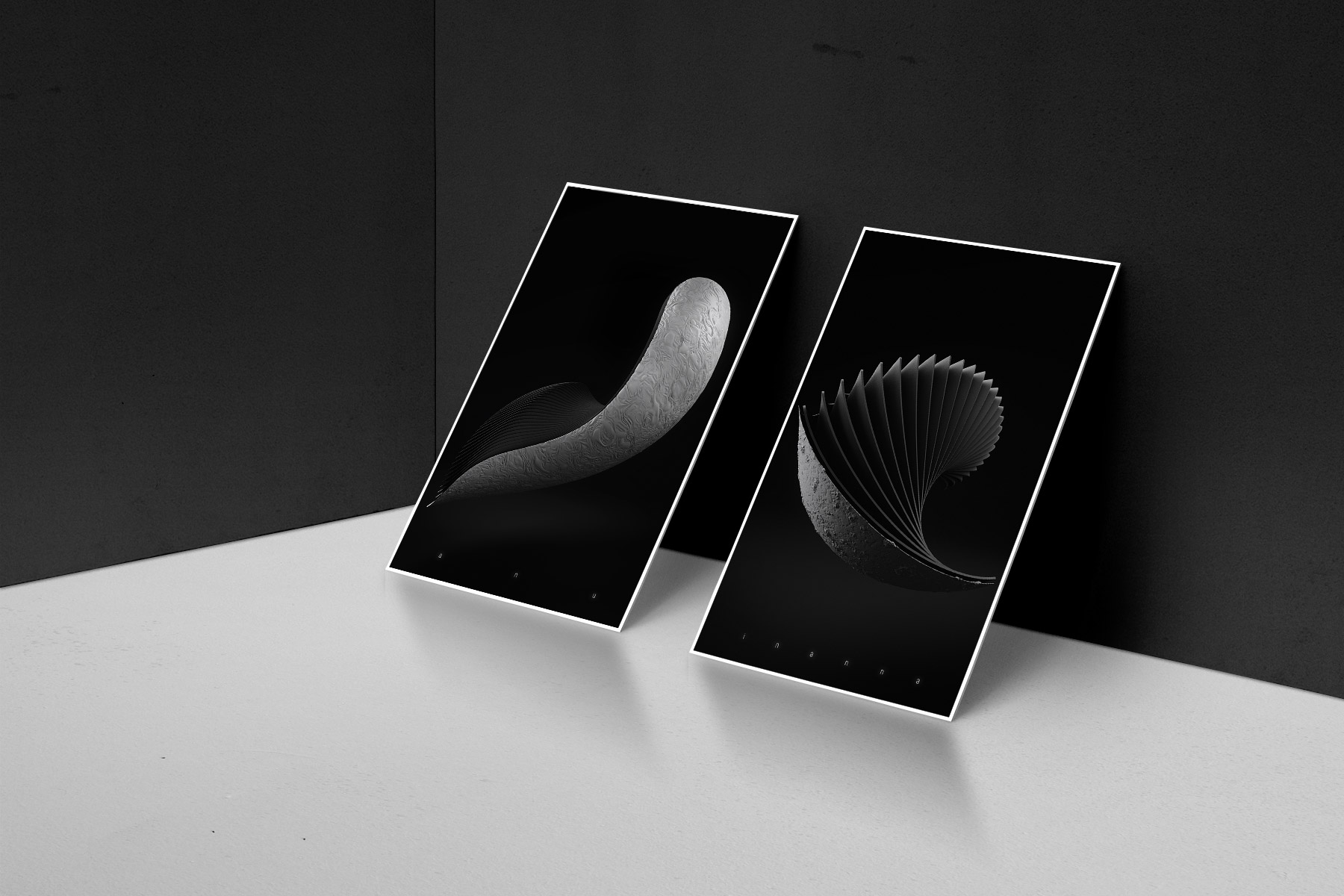 Two Metaphorm 3D artwork posters leaning on a dark wall close to each other