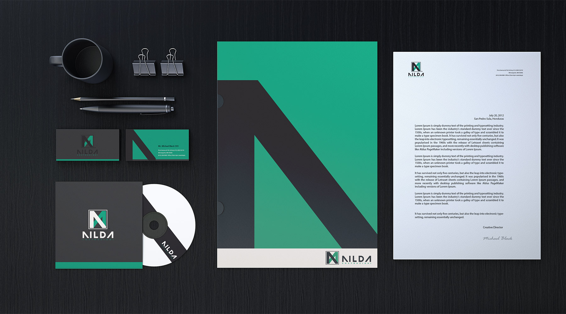 Nilda branded business cards, CD cover, A4 letter and folder