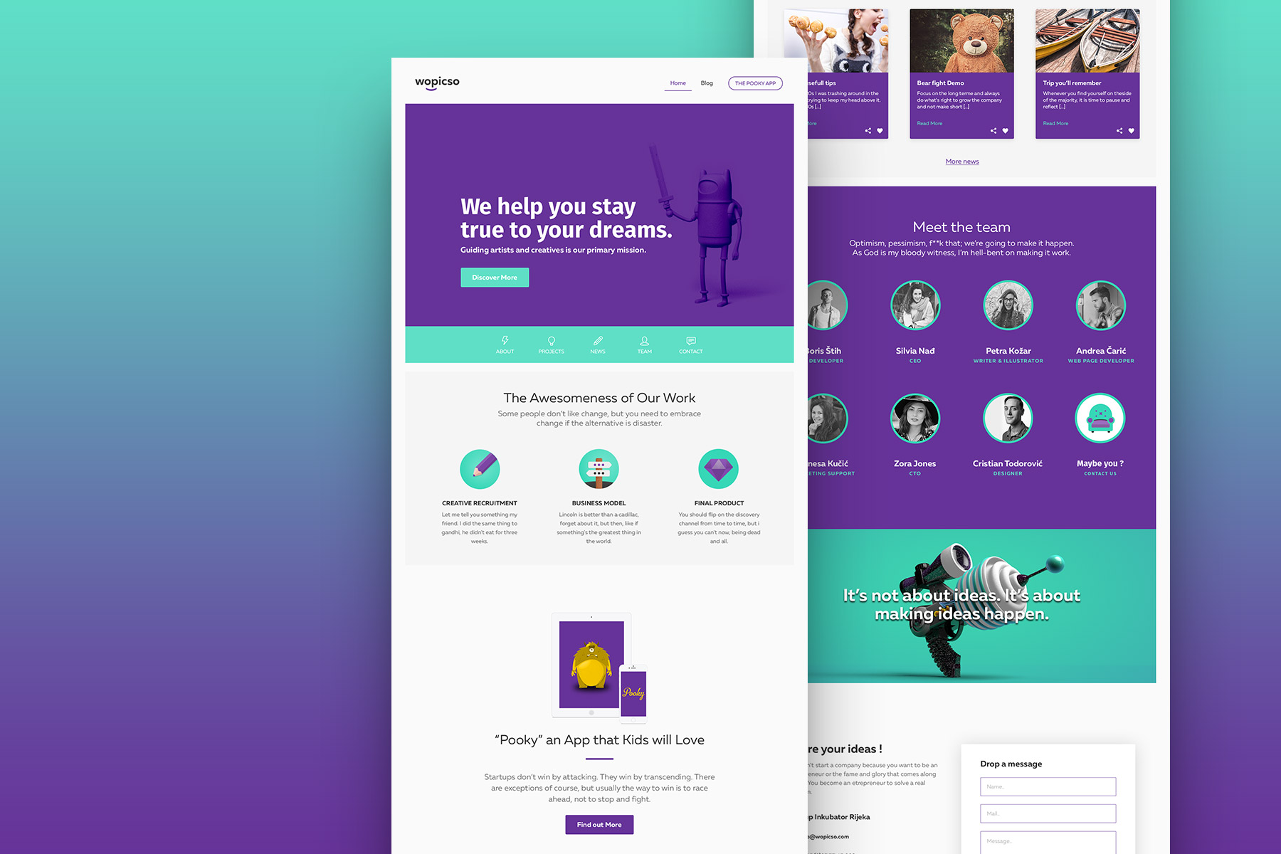 Screen showing wopicso home page over a gradient blue and purple background