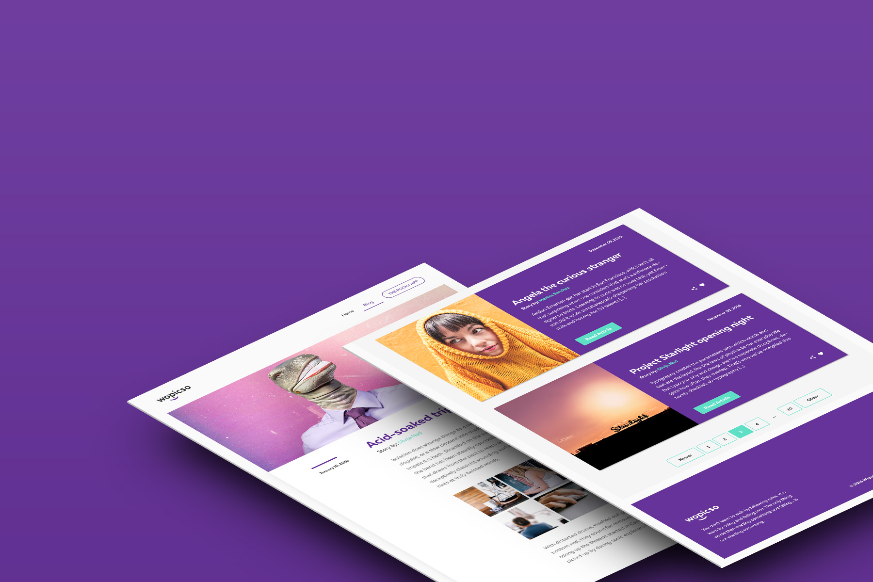 Screen showing wopicso blog and article pages over a gradient blue and purple background